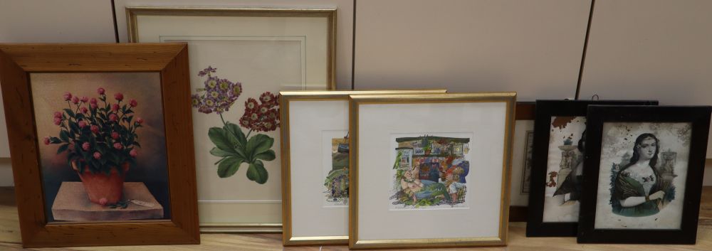 A group of assorted paintings and prints including a Victorian botanical watercolour of Primulas, 38 x 28cm